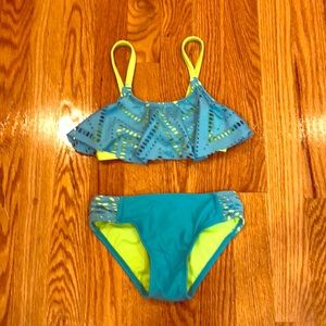 Green and blue two piece bikini